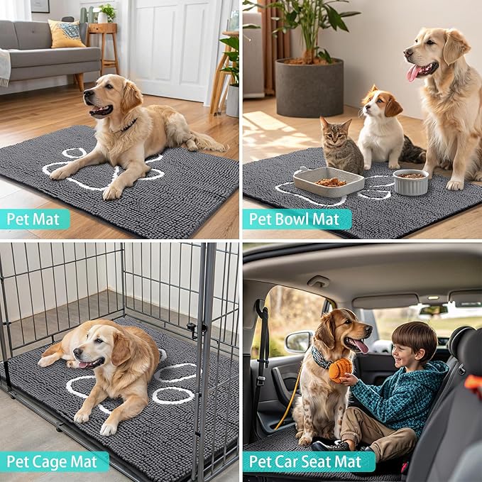 Smiry Dog Door Mat for Muddy Paws, Absorbent Dirt Trapper Non Slip Quick Dry Washable Chenille Mat for Mud Dogs, Entry Rug for Indoor and Outdoor (47x20 Inches, Dark Grey and White)