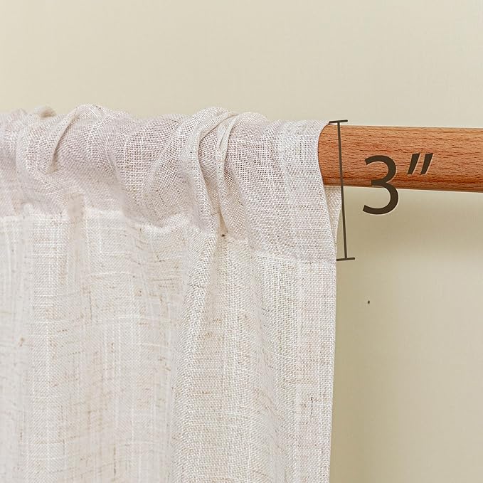 MYSKY HOME Natural Linen Curtains 30 Inches Long for Kitchen Window Semi Sheer Light Filtering Cafe Curtain Tiers Rod Pocket Short Country Decor Drapes for Basement/Small Window, 2 Panels, 34 x 30 in