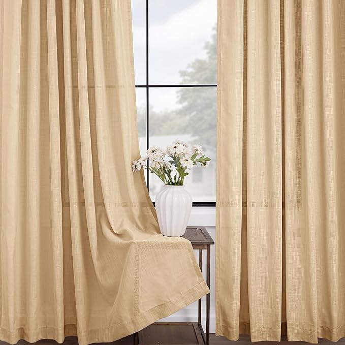 Tan Linen Curtains for Living Room Back Tab Modern Farmhouse Semi Sheer Tan Linen Curtains 45 inches Long 2 Panels Set Muted Neutral Window Curtain for Dining Room Bedroom 52x45