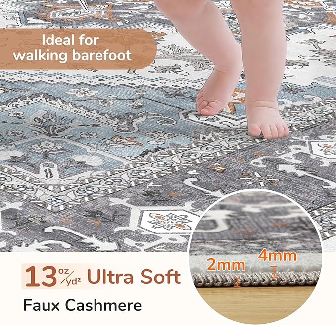 OPPODREAM Soft Area Rugs 5x7, 5x7 Washable Rug with Non Slip Backing, 5 x 7 Faux Cashmere Low-Pile Carpet, Grey & Teal & Yellow
