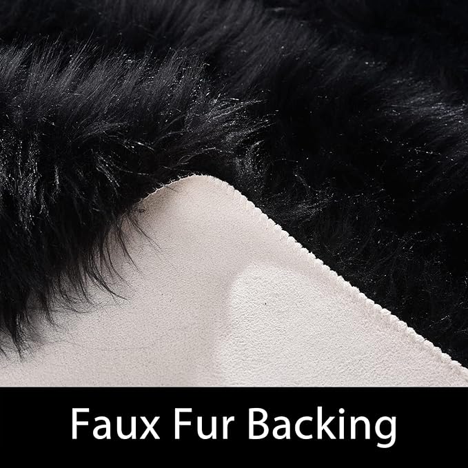 Latepis Black Rug for Living Room Faux Fur 5x6.7 Fluffy Rug Washable Sheepskin Rugs for Bedroom Bedside Dorm Luxury Home Décor, Rectangle
