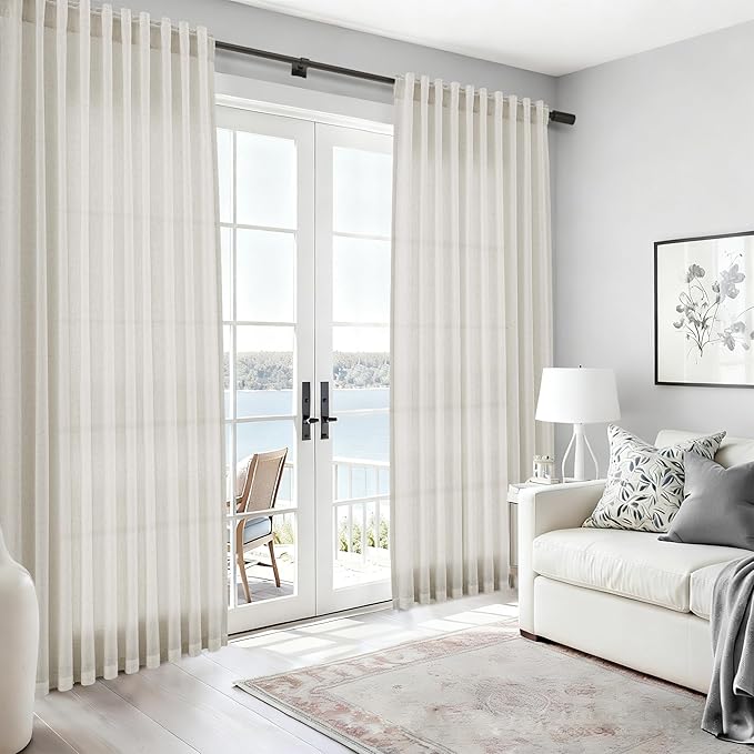 Nanspring Mousse White Linen Curtains for Living Room 72 Inches Long Luxury Light Filtering Semi Sheer Curtain Back Tab Simple Modern Elegant Coastal Decor Drapes for Bedroom Office 52x72, 2 Panels