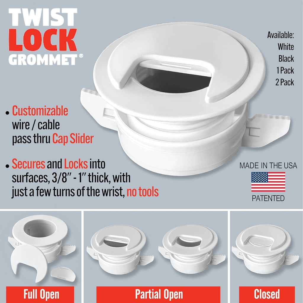 (1-Pack White) Cable, Wire & Cord Management - Self Locking Grommet with Cover for Walls, Ceilings, Desks, Used for All Surfaces 3/8” to 1” Thick, Made in USA