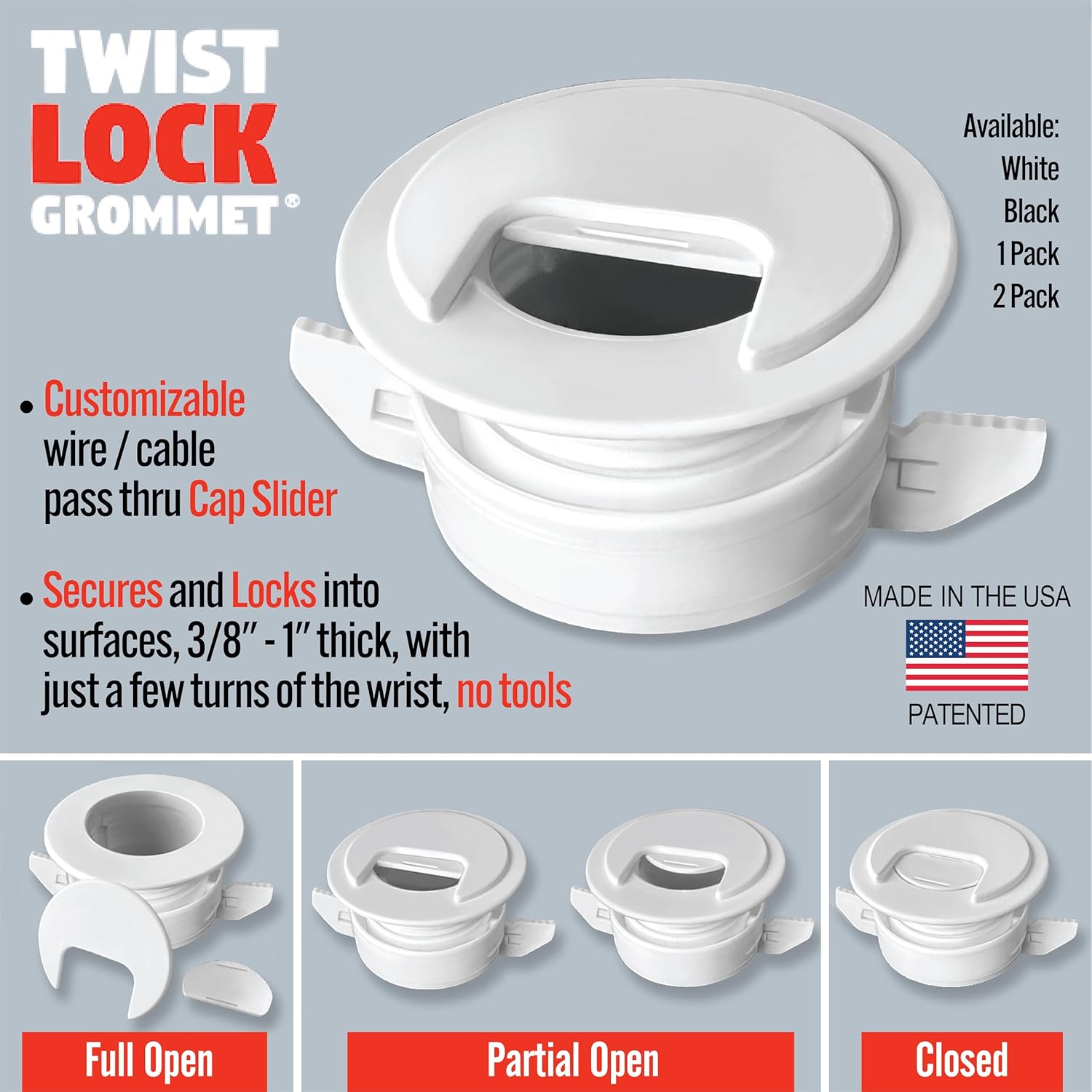 (2-Pack White) Cable, Wire & Cord Management - Self Locking Grommet with Cover for Walls, Ceilings, Desks, Used for All Surfaces 3/8” to 1” Thick, Made in USA