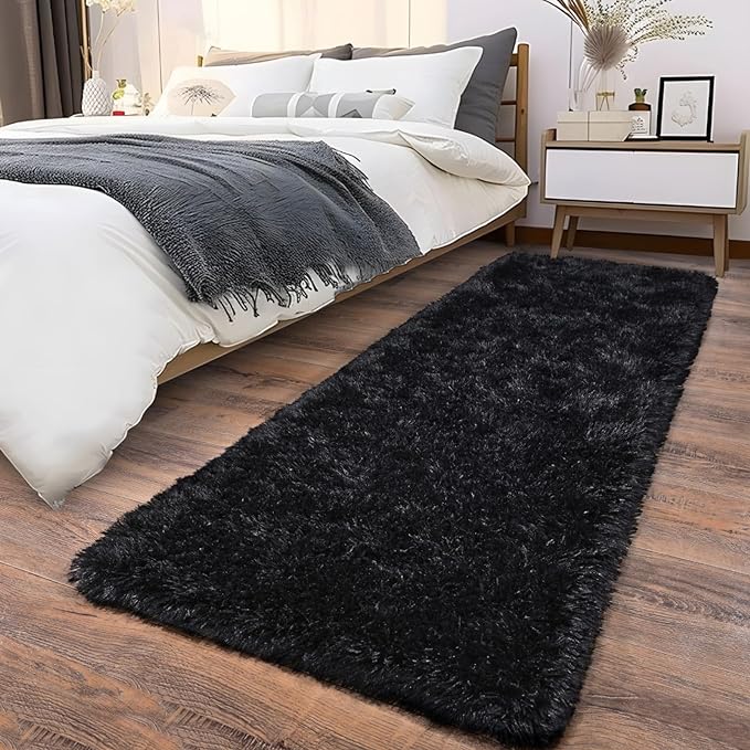 Fluffy Shag Runner Rugs for Bedroom Hallways, 2x8 Black Long Soft Throw Area Rug Non Slip for Bedside Dorm, Shaggy Furry Carpet for Nursery Living Room Home Decor