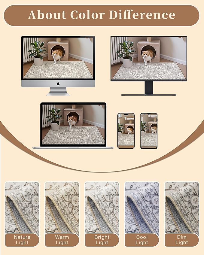 Madane Area Rug 3x5, Entryway Washable Vintage Runners Bedroom Non Slip Indoor Kitchen Runner for Living Room Laundry Room Playroom Soft Non-Slip Area Rugs, Beige/Brown