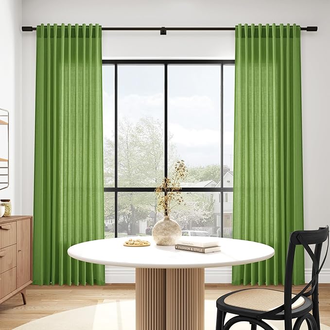 Nanspring Lime Green Linen Blend Light Filtering Back Tab Curtains 108 Inches Long, Semi Sheer Privacy Drapes for Living Room & Bedroom, 52x108 inch, 2 Panels
