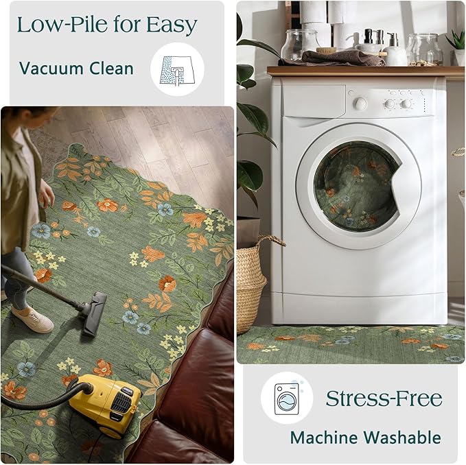 Sage Green Floral Entry Rug - 3x5 Ft Washable Indoor Outdoor Mats for Front Door Non-Slip Porch Rug Non-Slip Boho Throw Rugs for Living Room Bedroom Entryway Kitchen Office Porch Decor