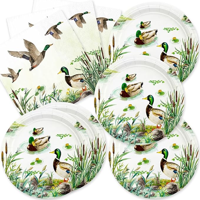40Pcs One Lucky Duck Birthday Decorations Hunting Party Decor Mallard Duck Baby Shower Decorations Birthday Paper Plates and Napkins Set Party Supplies for 20 Guests
