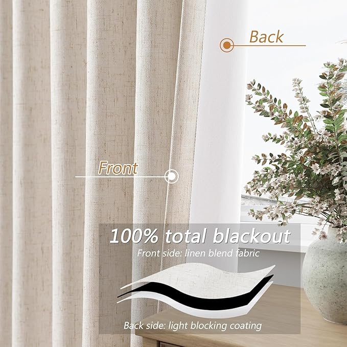 Guken 100% Blackout Linen Curtains 80 Inch Length 2 Panels Set for Living Room Bedroom Back Tab Thermal Insulated Black Out Drapes Room Darkening Farmhouse Style for Bedroom Window Curtains 40 Wide