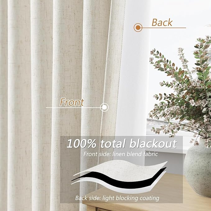 Guken Cream 100% Blackout Cream Linen Curtains 52 Inch Wide by 82 Inch 2 Panels Set for Living Room Bedroom Back Tab/Rod Pocket Thermal Insulated Black Out Drapes Room Darkening Window Curtains