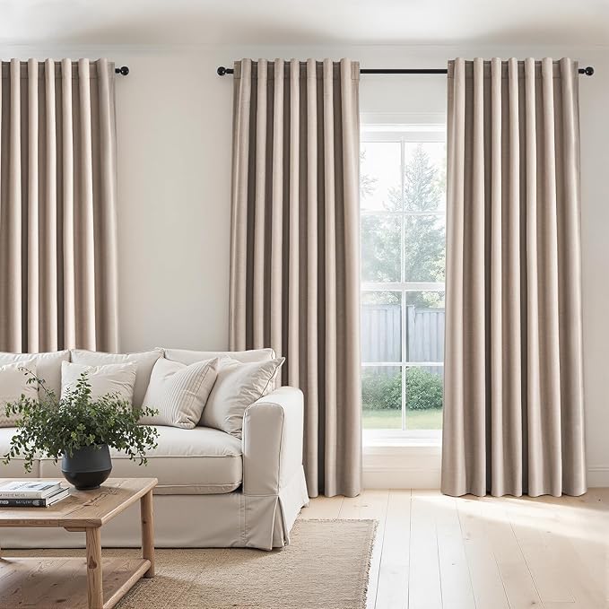 90 inch long linen Blackout curtains 2 Panels 100% Black out Linen texture Curtain Window Drapes with Back Tab Rod Pocket Light Blocking Thermal Insulated Curtains for Bedroom Living Room Beige