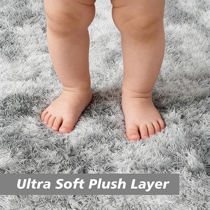 Tie-Dyed Fluffy Round Rug,Soft Area Rugs for Girls Room,Shaggy Rugs 4'X4' for Living Room,Non Slip Circle Rug for Kids Bedroom,Shag Plush Nursery Rug,Plush Carpet for Dorm,Furry Room Decor,Light Grey