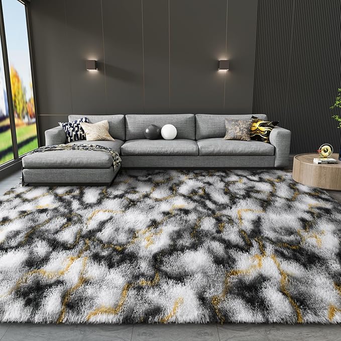 LOCHAS Ultra Soft Indoor Modern Area Rugs Fluffy Living Room Carpets for Children Bedroom Home Decor Nursery Rug 5x8 Feet, Grey-Gold