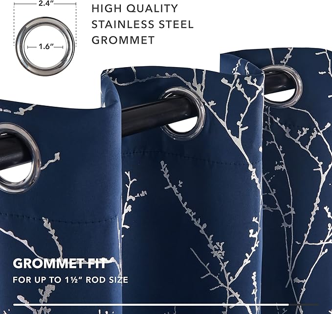 Deconovo Blackout Curtains, Navy Blue Curtain, Thermal Insulated Soundproof Drapes, Branch Silver Print, 42 x 72 Inch Long, Machine Washable Grommet Panels for Bedroom Living Room Office, Set of 2