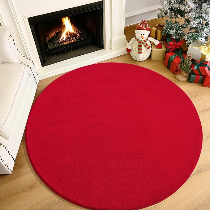 Amearea Red Round Area Rugs 4ft Washable Circle Rugs for Bedroom Living Room, Fluffy Indoor Thickened Memory Foam Rug, Non Slip Minimalist Circular Carpet for Kids Boys Girls Dorm Nursery Room Decor
