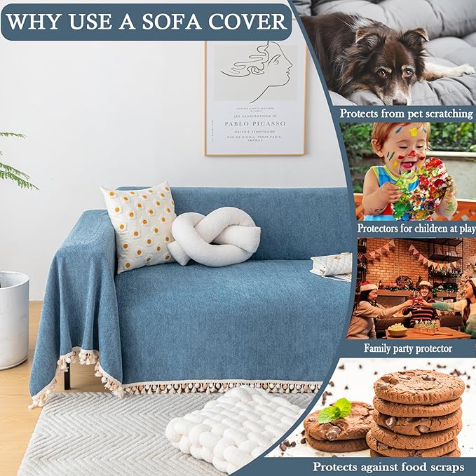 HANDONTIME Couch Slipcover Dog Sofa Covers Boho Couch Cover for Dogs Blue Sofa Throw Cover Bohemian Sofa Covers for 3 Cushion Couch Herringbone Sectional Couch Cover Slipcovers for Sofas, 71" X134"