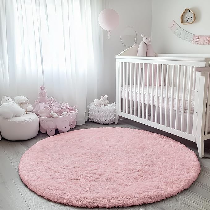 ONASAR Light Pink Round Area Rugs 2ft for Bedroom Living Room, Fluffy Cat Dog Bed Mat, Circle Rug for Kids Girls Boys Teen, Soft Plush Shaggy Carpet for Nursery Dorm Home Decor Aesthetic