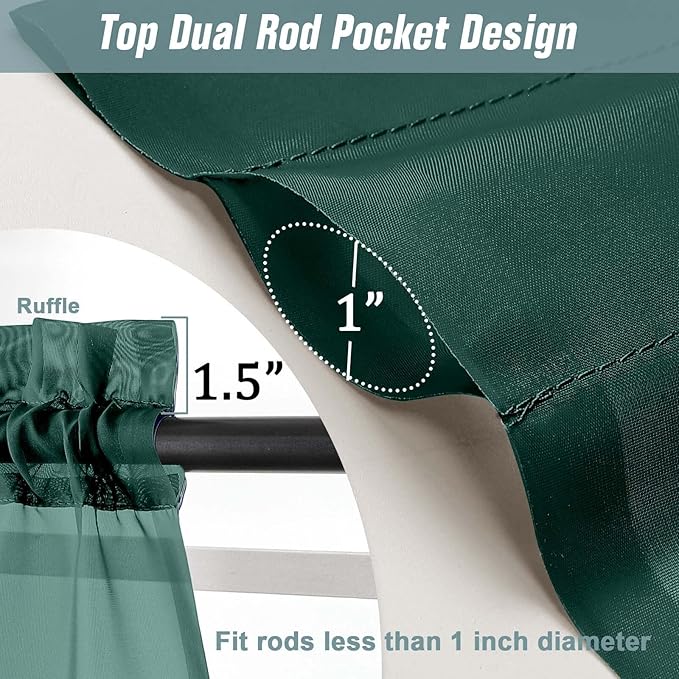 Green Small Sheer Curtains Tier 24 Inches Length 2 Pieces, Light Filtering Cafe Curtains for Living Room Bathroom, Modern Window Treatments Dual Rod Pocket, Hunter Green, 2X42Wx24L Inches