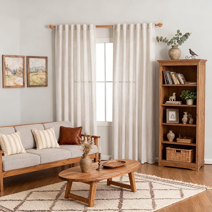 MYSKY HOME Boho Curtains 72 Inch Length, Natural Linen Semi Sheer Drapes for Window Decoration Door Curtain Panels Privacy Shade Burlap Farmhouse Rustic Style for Doorways, 50" x 72", 2 Panels