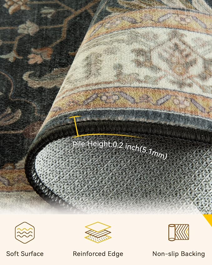 Area Rugs 3'x5' Washable Non-Slip, Floral Vintage Distress Print Pattern Medallion Carpet for Living Room Bedroom Dining Room, Vintage Black Brown Neutral