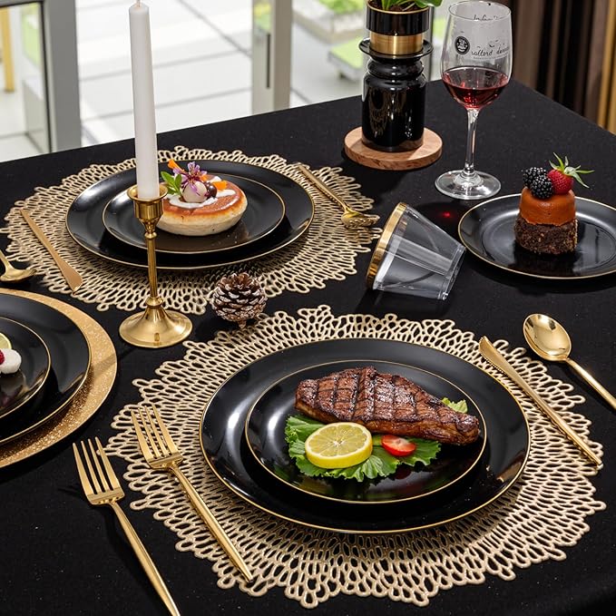 bUCLA 150PCS Black and Gold Plastic Plates - Black Gold Plastic Dinnerware Set Disposable - Include 25 Dinner / 25 Dessert Plates, 25 Knives, 25 Forks, 25 Spoons, 25 Cups, Ideal for Party & New Year