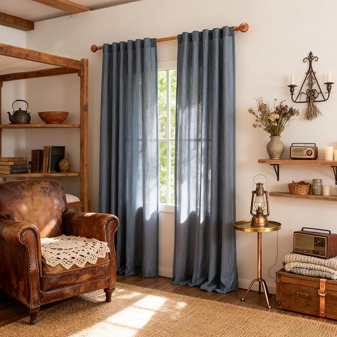 MYSKY HOME 95 Inch Semi Sheer Sliding Door Curtains Farmhouse Light Filtering Window Curtain Drapes for Patio Living Room, Linen Look Texture Fabric Bohemian Draperies, 50x95, Dusty Blue, 2 Panels