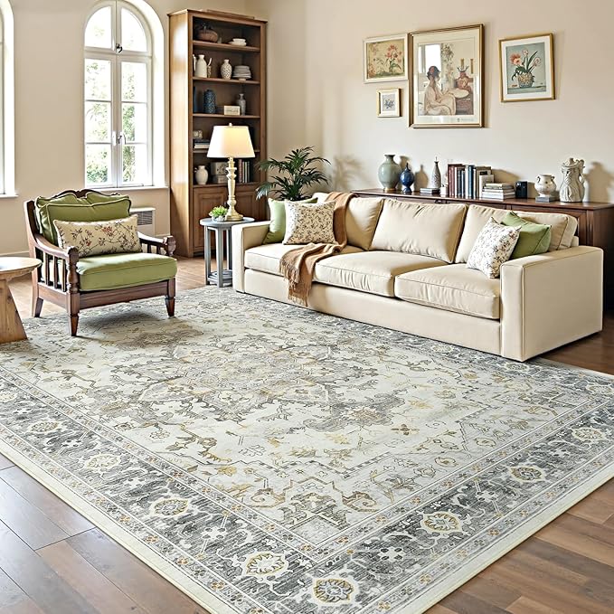 Lofus 5x7 Area Rugs for Living Room, Machine Washable Non-Slip Area Rug, Low Pile Large Rugs for Bedroom, Kitchen, Dining Room, Home Office, Vintage Oriental Print Rug, Taupe Grey