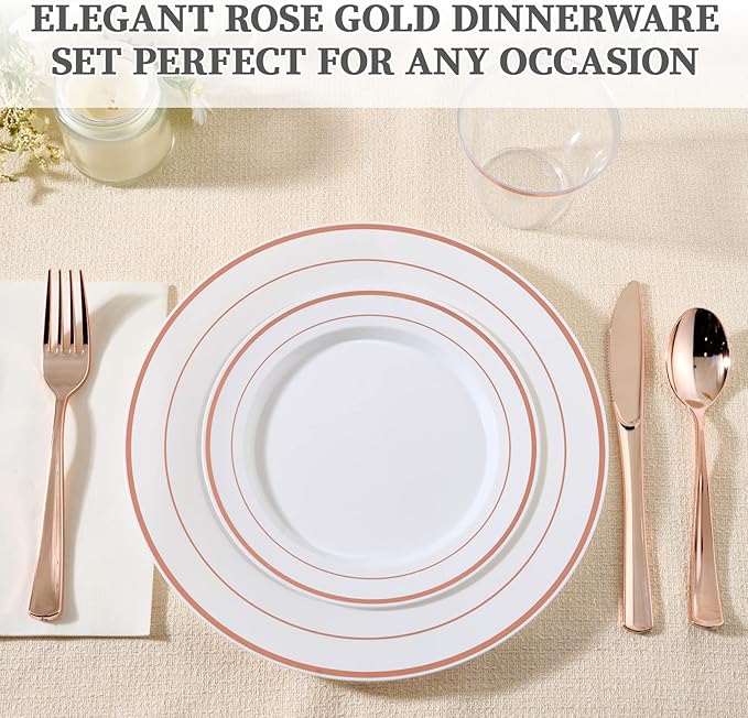 FOCUSLINE 600 Ct Rose Gold Dinnerware Set for 100 Guests - Rose Gold Rimmed Disposable Plastic Plates, Includes 100 Dinner & Salad Plates, Cups, Cutlery Set for Wedding Parties