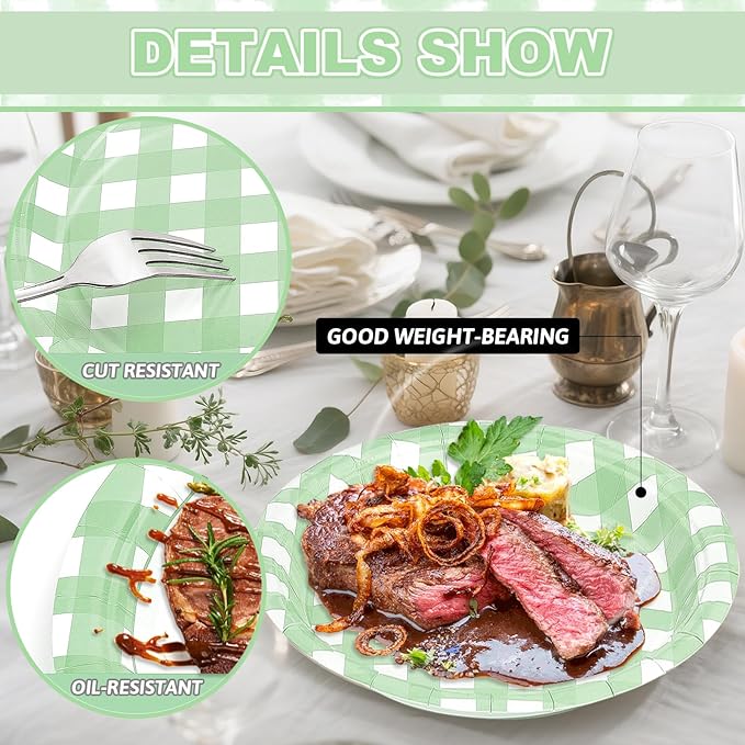32 Pcs Green Gingham Party Plates - 9 Inch Checkered Plaid Dessert Plates Disposable Green and White Paper Plate - For Picnic BBQ Birthday Dinner Party Supplies