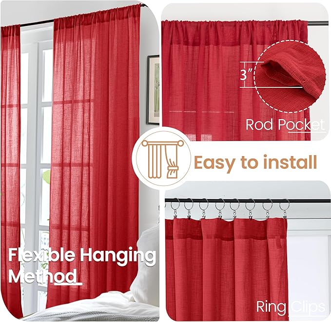 BGment Red Linen Curtains 84 Inch Length 2 Panels Set for Living Room, Window Drapes Lightweight Semi Sheer Textured for Farmhouse Bedroom with Rod Pocket, Each 42 Inch Wide