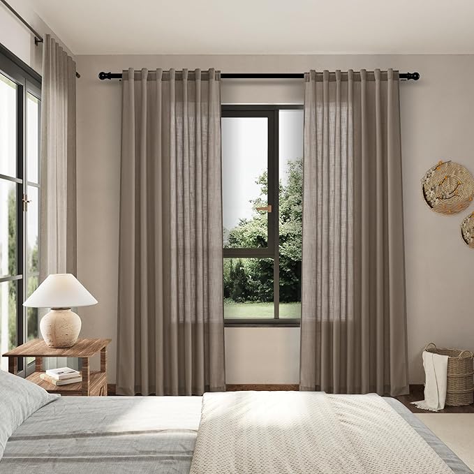 Nanspring Dark Taupe Linen Curtains 63 Inches Length 2 Panels Set for Living Room Back Tab Pocket Light Filtering Semi Sheer Drapes Neutral Farmhouse Cotton Linen Textured Window Curtain 52X63 Inch