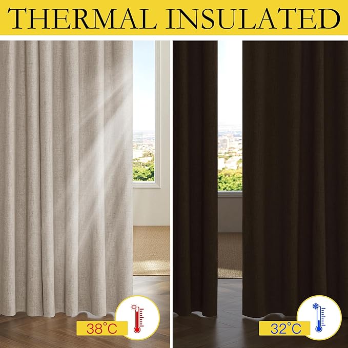 NICETOWN Farmhouse Style Keep Warm Large Window Draperies 108 inches Length with Thermal Insulated Liners, 2 Panels, 52" W, Full Blackout Oatmeal Linen Curtains for Sliding Glass Door
