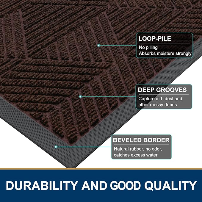 Smiry Front Door Mat Outside Entrance, Heavy Duty Sturdy Natural Rubber Doormat, Trap Dirt and Moisture, Easy Clean Low Profile Mats for Indoor Outdoor Entry, Irregular Triangle (47x32, Deep Brown)