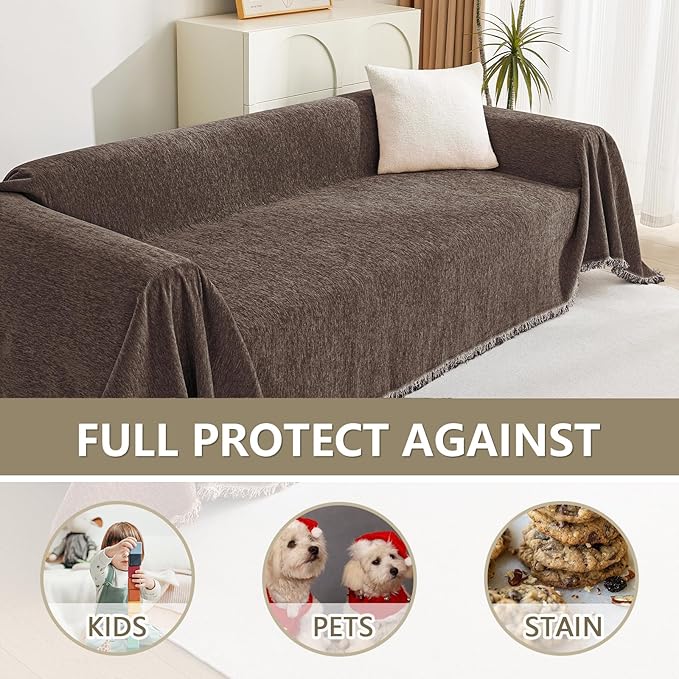 MYSKY HOME Boho Couch Cover Chocolate Sofa Covers with White Tassel Farmhouse Sofa Slipcover Simple Couch Protector for Dogs Chenille Sectional Couch Covers L Shaped Couch Cushion Covers, 91"x 134"