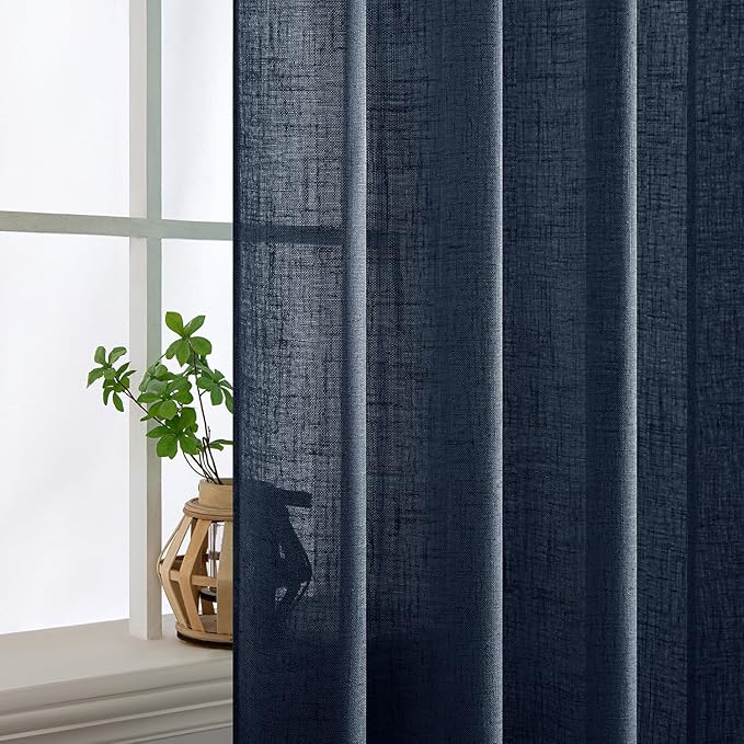 MIULEE Navy Blue Linen Curtains 84 Inch Length 2 Panels for Bedroom Living Room, Soft Thick Linen Textured Natural Window Drapes Semi Sheer Light Filtering Back Tab Rod Pocket Burlap Look Decor