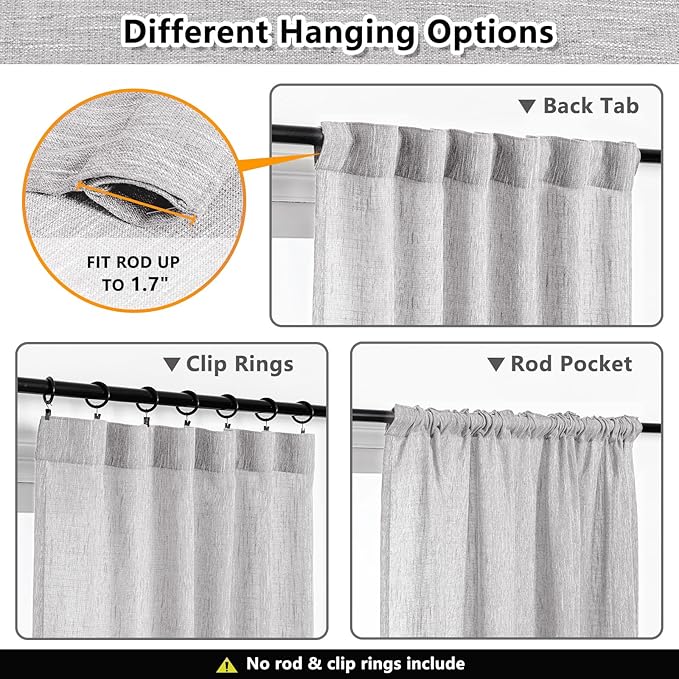 MYSKY HOME 108 Inches Long Ceiling Curtains, Light Filtering Boho Window Sheer Drapes for Living Room Patio Sliding Door Back Tab Elegant Look, 50" Wide x 108" Long, Light Grey, 2 Panels