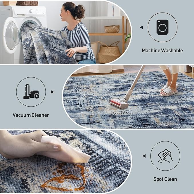 8x10 Area Rugs Washable Rug: Large Modern Abstract Living Room Rug Soft Anti-Skid Thin Carpet Indoor Floor Non-Shedding Carpets for Bedroom Dining Room Farmhouse Nursery Home Office Blue Gold