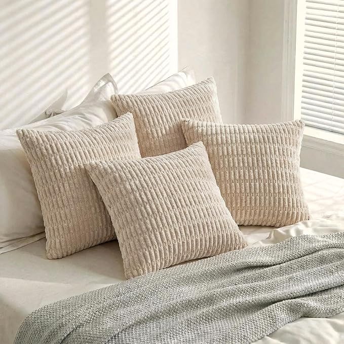 Fancy Homi 4 Packs Tan Decorative Throw Pillow Covers 26x26 Inch for Living Room Couch Bed Sofa, Beige Rustic Farmhouse Boho Home Decor, Soft Plush Striped Corduroy Square Cushion Case 66x66 cm