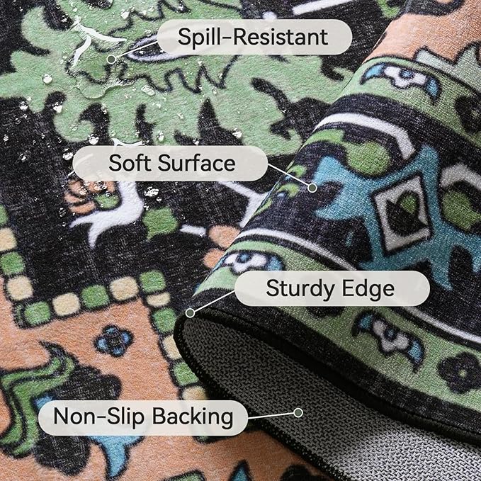 Lofus 8x10 Area Rugs, Large Area Rug for Living Room, Floral Washable Area Rug for Bedroom, Office, Dining Room, Non-Slip Vintage Boho Rug, Low-Pile Soft Carpet, Traditional Oriental Style, Dark Green