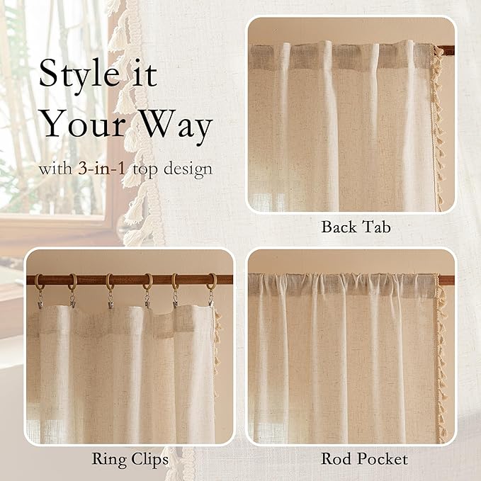 MYSKY HOME Living Room Curtains 90 Inch Length with Macrame，Semi Sheer Curtains Boho Farmhouse Decor Light Filtering Privacy Protect for Sliding Glass Patio Doorways,50" x 90",Linen，2 Panels
