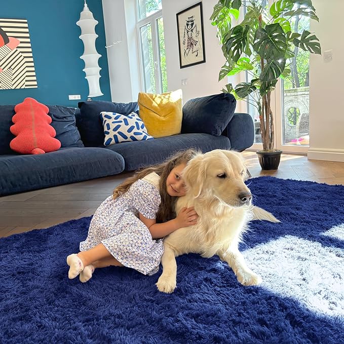 OLANLY 2x6 Machine Washable Runner Rugs for Hallway, Soft Fluffy Shaggy Bedside Rugs for Bedroom, Living Room, Indoor Floor Carpet for Kids Girls Boys, Nursery Rooms, Home Decor Aesthetic, Navy Blue