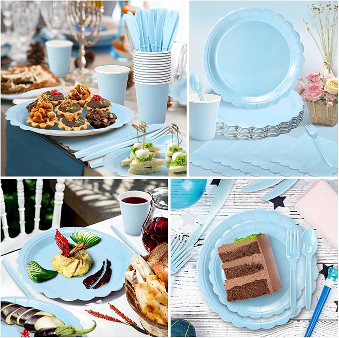 Vyntra 350 PCS Disposable Plates for Party, Paper Plates & Napkins Set with Cups, Knives, Forks, Spoons, 7'' Dessert and 9'' Dinner Plates for Baby Shower, Boy Birthday - Light Blue