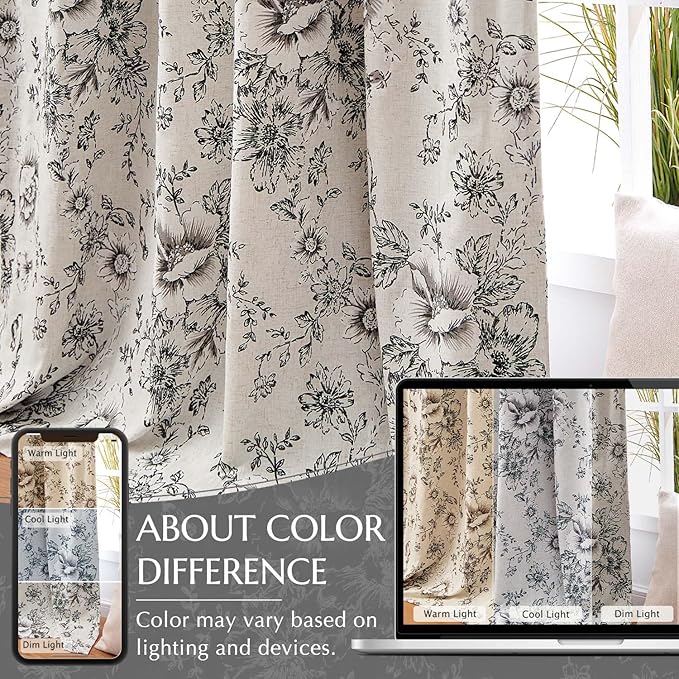 jinchan Blackout Floral Curtains for Living Room Bedroom Linen Blend Curtain Farmhouse Black Printed with Lined Back Tab Rod Pocket Drapes Window Treatments 2 Panels 63 Inch