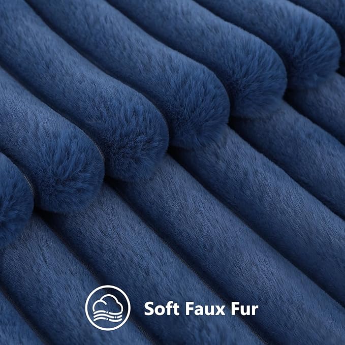decorUhome Cozy Faux Fur Throw Pillow Covers 24x24 Set of 2 Decorative Soft Plush Striped Modern Farmhouse Boho Couch Euro Sham Pillow Cases with Velvet Back for Sofa Bed Living Room, Blue