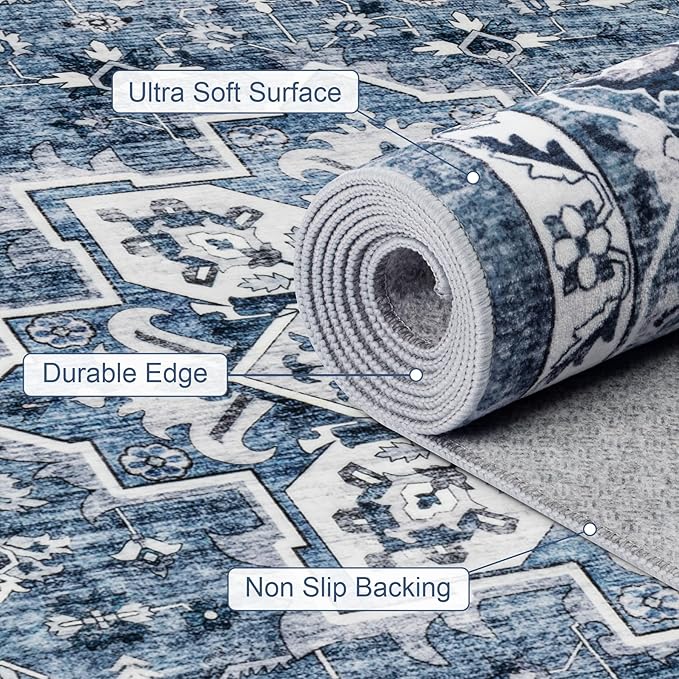 Area Rugs 10x14 Living Room Rug: Washable Rug Soft Vintage Boho Medallion Carpet Indoor Floor Non-Slip Stain Resistant Large Carpets for Bedroom Dining Room Farmhouse Nursery Home Office Blue