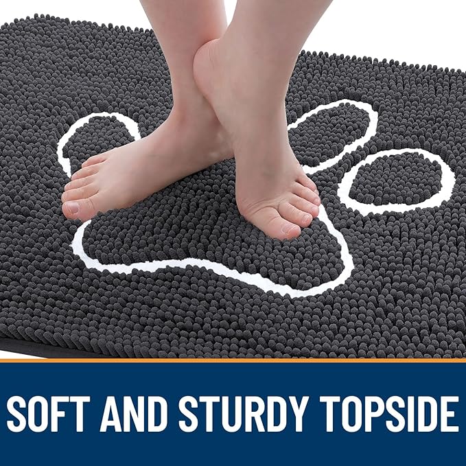 OLANLY Dog Door Mat for Muddy Paws 30x20, Paw Print Design, Absorbs Moisture and Dirt, Absorbent Non-Slip Washable Doormat, Quick Dry Chenille Mud Mat for Dogs, Entry Indoor Entryway Carpet, Dark Grey