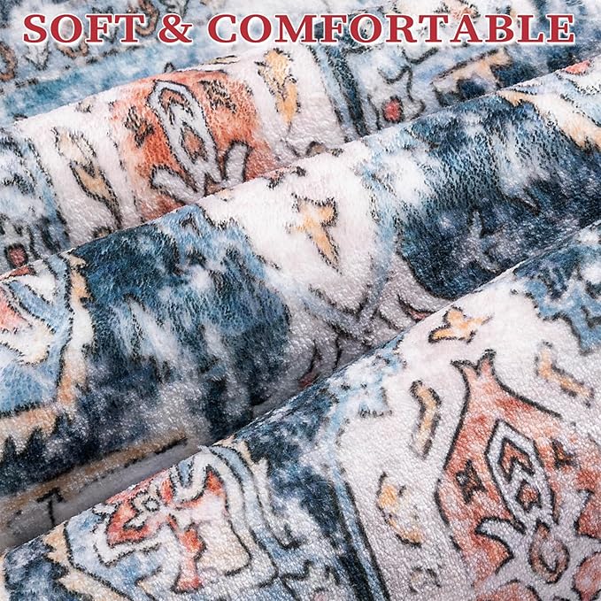 SERISSA Boho Round Area Rug, 6ft Washable Non-Slip Circle Rug, Ultra Soft Oriental Vintage Blue Orange Low-Pile Circular Carpet for Bedroom Entryway Kids Room Office College Dorm Living Room