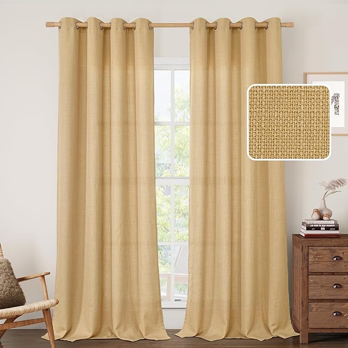 LAMIT Linen Curtains 95 Inch for Living Room, Grommet Thick Linen Textured Sheer Curtains Light Filtering Privacy Neutral Drapes for Bedroom, Set of 2 Panels, 52 x 95 Inch, Caramel Brown