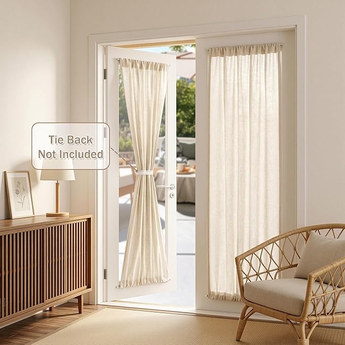 MYSKY HOME Linen French Door Curtains for Door Window 72 Inch Length 2 Panels Semi Sheer Light Filtering Curtain for Bedroom Window Glass Rod Pocket for Kitchen Dining Room, Linen, 26" Wide